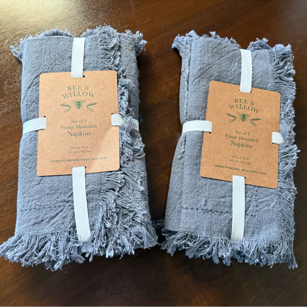 Blue Fringe Hemstitch Linen Napkins - Set of 4